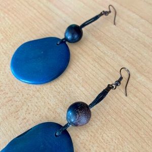 Large Blue Wooden Boho earrings. 3.5”